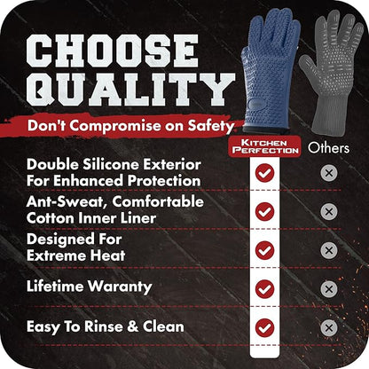 KITCHEN PERFECTION Silicone Smoker Oven Gloves -Extreme Heat Resistant BBQ Gloves -Handle Hot Food Right on Your Smoker Grill Fryer Pit|Waterproof Oven Mitts Grill Gloves |Superior Value Set+3 Bonuses