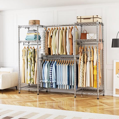Ulif E7 Garment Rack, Heavy Duty Clothes Storage System with Extendable Hangers Rods, Metal Clothing Rack with 6 Wire Shelves, (52.3"-72") W x 14.5" D x 71.2" H, Load 838lbs, Chrome
