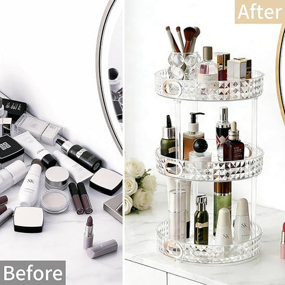 360 Rotating Makeup Organizer for Vanity, 3 Tier Diamond Pattern Perfume Organizer for Women, Large Capacity Skincare Lotion Cosmetic Organizer, Bathroom Countertop Makeup Holder, Clear