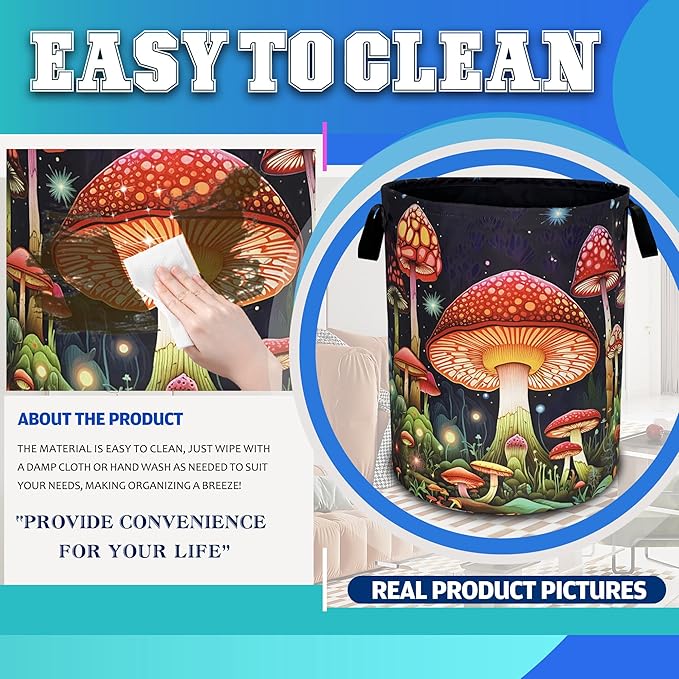 Red Mushroom Laundry Basket Oxford Cloth Psychedelic Plant Laundry Hamper With Handle Foldable Portable Clothes Storage Basket 18.9 X 16.5 In Storage Bag For Laundry Room/Bathroom/Bedroom/Dormitories