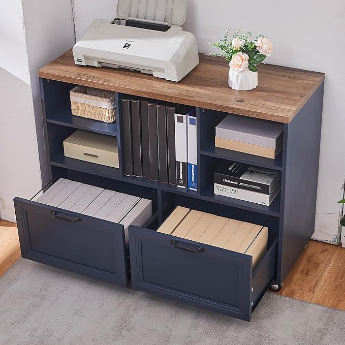 40" Farmhouse File Cabinet,Lateral File Cabinet with Wheels,Wood File Cabinet with shelve,Filing Cabinet with 2 Drawers for Legal/Letter/ A4 Size (Blue)