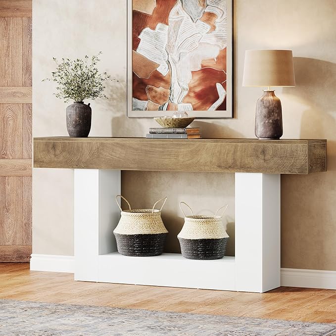 Tribesigns 63-Inch Long Console Table, 2-Tier Entryway Table Sofa Table with Storage, Farmhouse Wood Behind Couch Table for Living Room, Hallway, Light Brown & White