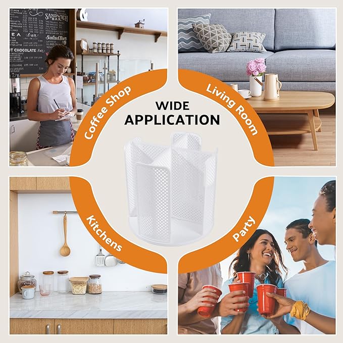 Rotating Paper Cup Dispenser with 4 Compartments, Disposable Coffee Cup Storage & Lid Holder for Countertops, Kitchen, Coffee Stations (White)