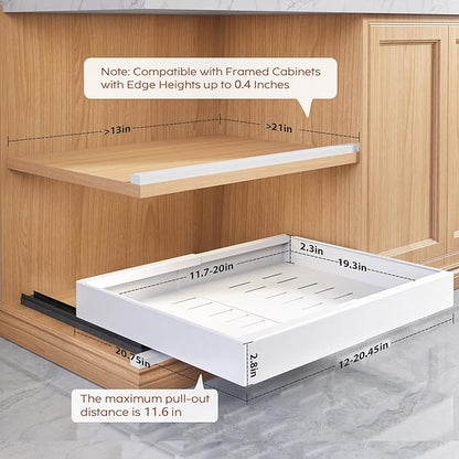 Seinloes 2 Pack Pull Out Cabinet Organizers 21"Deep with Raising Pad for Framed Cabinets,Expandable Slide Out Drawers Upgrade 3 Slide Rails,Roll Out Shelves Adhesive,Adjustable Width 12"-20.45" White