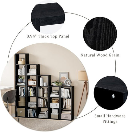 Cube Storage Organizer Bookcase, Decorative 11 inch Open Back Cubical Shelf with Thickened Border, Display Bookshelf for Living Room, Home Office, Sturdy Room (Black, 7 Cube)