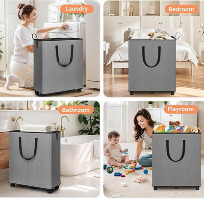 SpaceTrove Laundry Basket with Wheels, Collapsible Laundry Baskets, Laundry Hamper with Handles Detachable Wheels, Rolling Laundry Basket, Dirty Clothes Hamper for Bathroom, Dorm, Bedroom, Grey, 136L
