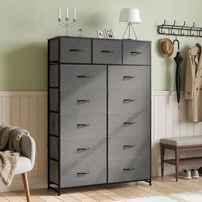 Tall Console Table with 13 Fabric Drawers, Entryway Table with Storage, Tall Storage Organizer with Wood Top, Steel Frame for Living Room, Hallway, Office, Dark Grey