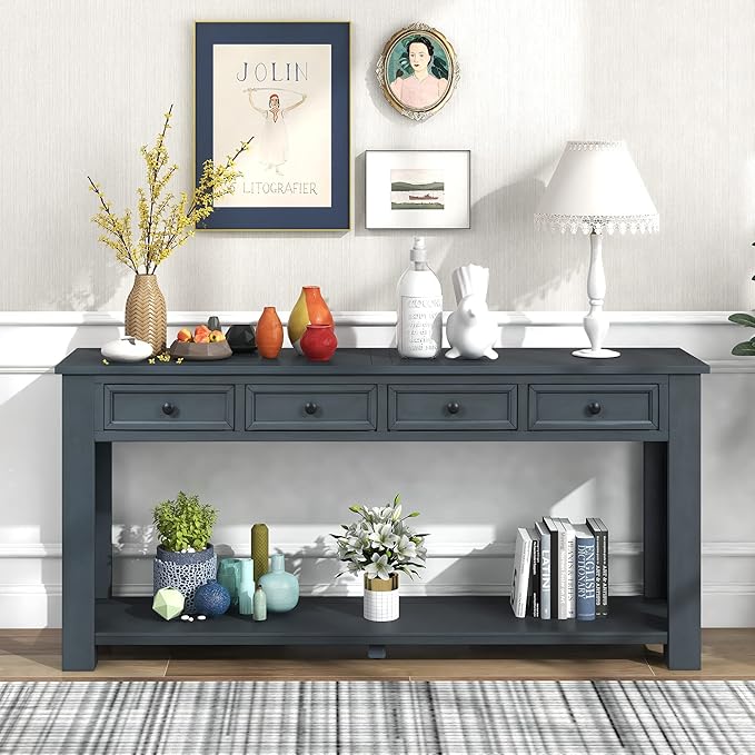 Knocbel Console Table with 4 Storage Drawers Bottom Shelf, Rustic Distressed Sofa Table for Entryway Hallway, Assembly Required, 63" W x 14" D x 30" H, Navy