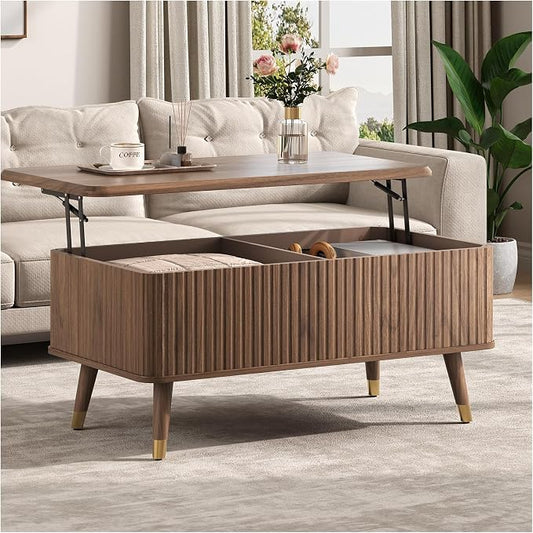 Lift Top Coffee Table with Storage, Mid Century Modern Coffee Table with Solid Wood Legs, 38" Minimalist Fluted Center Table for Living Room, Home Office, Walnut