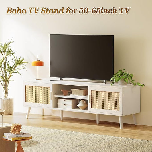 SUPERJARE TV Stand for 65 Inch TV, Entertainment Center with Adjustable Shelf, Rattan TV Console with 2 Cabinets, Media Console, Solid Wood Feet, 4 Cord Holes, for Living Room, White