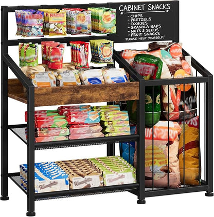 CHOEZON Snack Organizer for Countertop with Elastic Band Storage Basket, 3-in-1 Snack Display Rack with 8 Hooks & Chalkboard, Candy Holder Stand for Store, Party, Rustic Brown and Black TCJ82BF