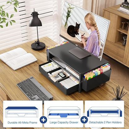 OPNICE Desk Organizer, 2-Tier Computer Monitor Stand Riser with Drawer and 2 Pen Holders, Laptop Stand, Office Desk Accessories for Office Supplies, Black