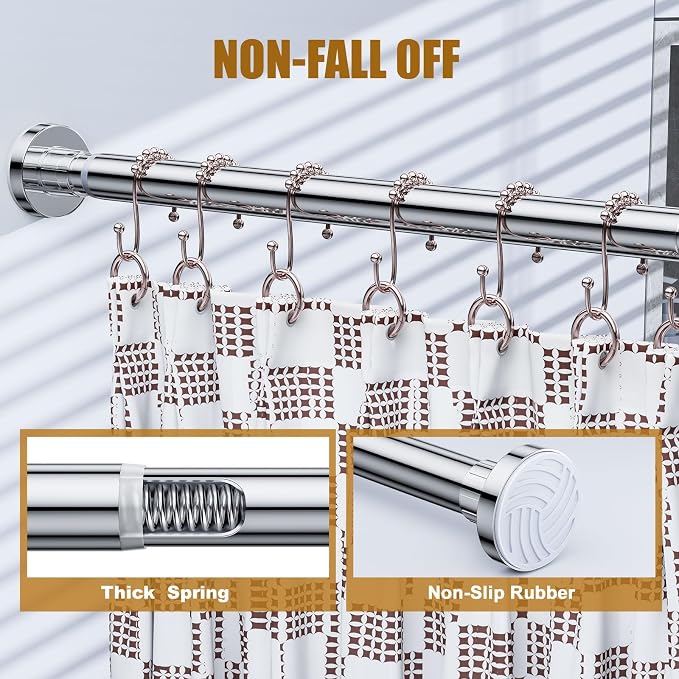 Ausemku Shower Curtain Rod Tension, 32-104 Inch Adjustable Heavy Duty Spring Tension Curtain Rod, No Drill Stainless Steel Telescoping Rod for Bathroom, No Rust, Silver