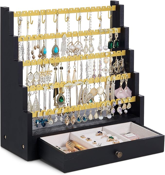 Pinzoveco Earring Organizer, 5 Layer Earring Holder Organizer with Metal Necklace Holder Pole, Rustic Wood Jewelry Organizer Stand Display for Stud Earring Bracelet Necklace Ring, 175 Earring Holes