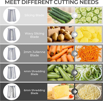 SUSTEAS Rotary Cheese Grater with Handle - Vegetable Shredder with 5 Well-designed Blades & Strong Suction Base,Round Mandoline Slicer & Food Chopper for Kitchen,with Blade Storage Box(Gray)