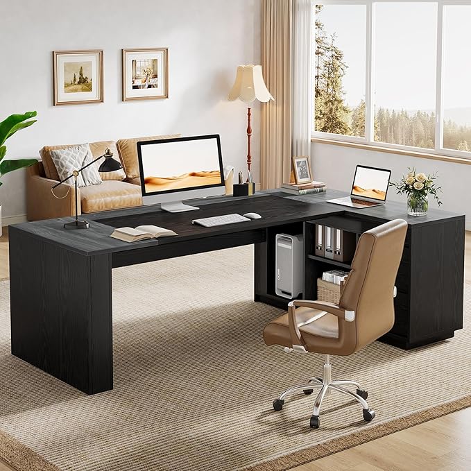 Tribesigns 78" L Shaped Executive Desk with Drawers, Large Office Computer Desk with Cabinet and Storage Shelves, Modern Business Furniture Sets Workstation for Home Office (Grey/Black)