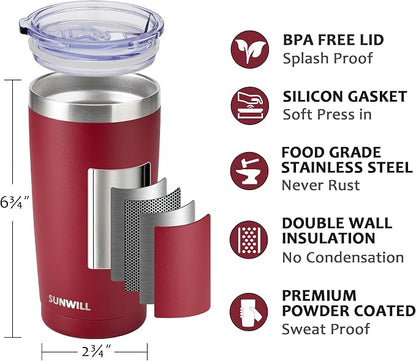 SUNWILL Travel Coffee Tumbler 20 oz, Insulated Mug with Lid, Stainless Steel Cup for Hot and Cold Drinks, Powder Coated Wine Red