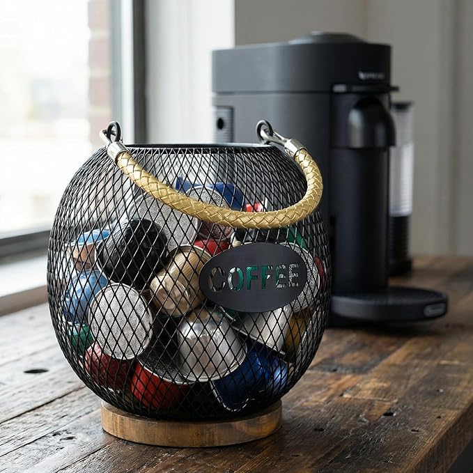 Coffee Pod Holder, K Cup Organizer Basket with Handle Wooden Base, Sturdy Metal Wire Capsule Pod Storage Container for Kitchen Countertop, Office, Coffee Bar