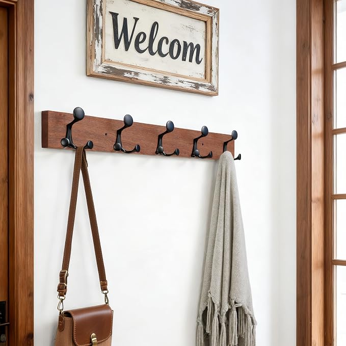 SKOLOO 24-Inch Wood Coat Rack Wall Mount with 5 Triple Hooks - Ideal for Family Entrances, Classrooms, and Pet Supplies Storage - Perfect Coat Hooks for Wall,Mahogany (Sapele)