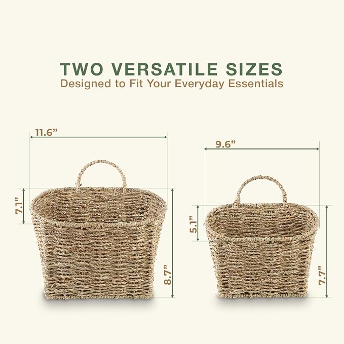 84ECO Set of 2 Seagrass Hanging Baskets for Organizing, Front Door, Mail, Flowers