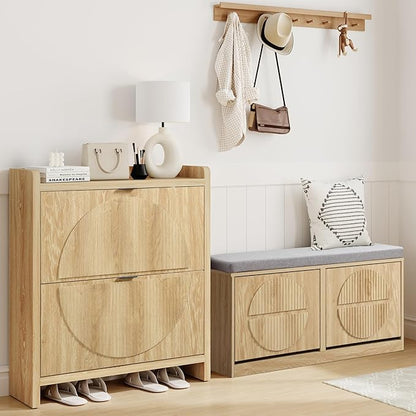 Narrow Shoe Storage Bench for Entryway, Wooden Shoe Cabinet with Flip Drawers& Adjustable Shelves, Shoe Rack Bench with Cushion, Shoe Organizer with Fluted Pattern for Hallway, Living Room (Natural)