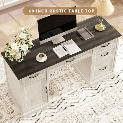 CARPETNAL 58'' Farmhouse Executive Desk with Drawers, Home Office Desk with File Drawer and Storage Cabinet, Rustic Computer Desk for Working, Studying, Writing, White