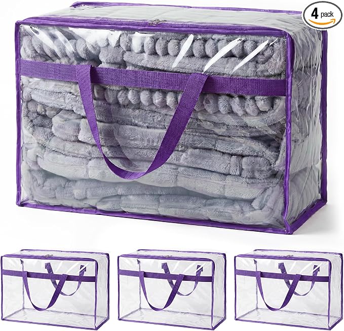 SGHUO Clear Storage Bags 60L Extra Large Plastic Vinyl Blanket Storage Bag for Clothes, Comforter, Bedding, Moving Bags with Zipper and Reinforced Handle (4pcs, Purple)