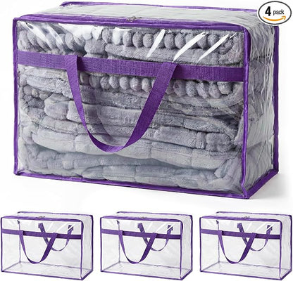 SGHUO Clear Storage Bags 60L Extra Large Plastic Vinyl Blanket Storage Bag for Clothes, Comforter, Bedding, Moving Bags with Zipper and Reinforced Handle (4pcs, Purple)