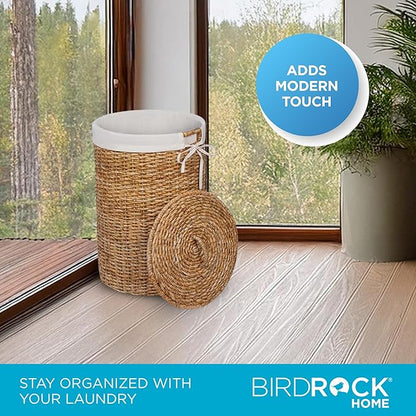 BIRDROCK HOME Seagrass Laundry Hamper with Lid & Liner - Handwoven Round Basket with Handles for Laundry/Dirty Clothes - Organizer, Storage, Shelves, Bin in Bathroom, Bedroom & Laundry Room - Natural