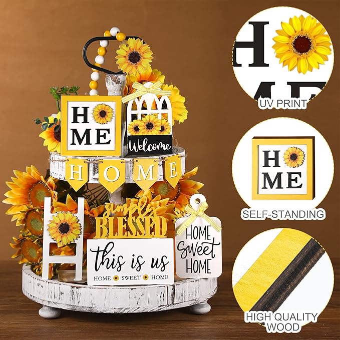 11 Pcs Sunflower Tiered Tray Decor Summer Rustic Home Farmhouse Tiered Tray Decorations Set Wooden Signs Vintage Farm Animal Farmhouse Tabletop Wood Signs for Kitchen Table Shelf Decor