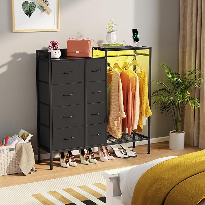 Dresser with Hanging Rack, 8-Drawer Dresser for Bedroom with Charging Station & LED Lights, Kids Dressers with Shoe Rack, Chest of Drawers with Wooden Top for Bedroom, Kids Room, Black, 11.8"D