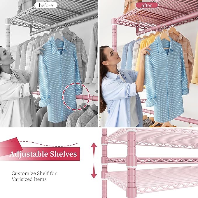 Raybee Clothes Rack Heavy Duty Loads 780LBS Clothing Racks for Hanging Clothes Adjustable Metal Portable Closet, 45.5" W x 77" H x16.5 D Pink