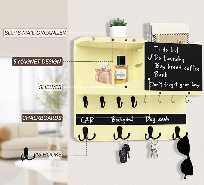 Key Holder for Wall Mount with Shelf and Mail Organizer, Key and Mail Holder with 16 Hooks, Farmhouse Entryway Organizer, Home Decor Rack(Pine Wood,Ivory Yellow)