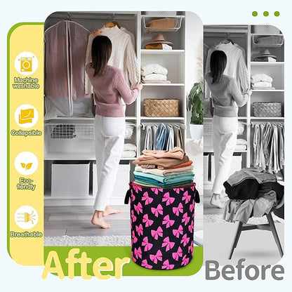 Pink Bow Laundry Basket Funny Bowknot Foldable Waterproof Oxford Cloth Tote Bag Laundry Hamper Round Large Clothes Storage Bucket Toy Organizer For Bathroom/Laundry Storage/Bedroom 18.9x16.5 Inch