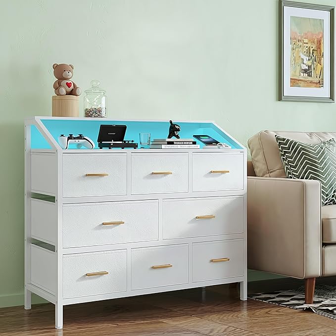 8-Drawer Fabric Dresser with Charging Station and LED Light, Modern Chest of Drawers for Bedroom, 45'' Triple-Wide Storage Cabinet for Closet, Living Room, and Entryway, Metal Handles