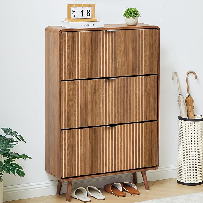 Narrow Shoe Cabinet Storage for Entryway,Slim Shoe Cabinet with 3 Flip Drawers, Fluted Shoes Rack Organizer (All Walnut, 3 Drawers)