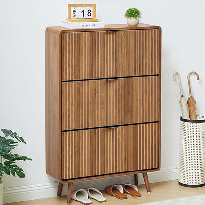 Narrow Shoe Cabinet Storage for Entryway,Slim Shoe Cabinet with 3 Flip Drawers, Fluted Shoes Rack Organizer (All Walnut, 3 Drawers)