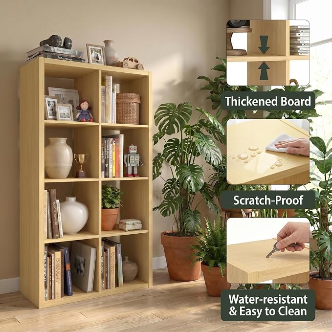 WannabeMyself【2026 Wooden Thick Frame】 8 Cube Storage Organizer with Anti-Tipping Kits, Reversible Open Back Book Shelf,Bookcase for Living Room,Bedroom,Entrance Hall,Office,11.6×48×24.6,Oak Color