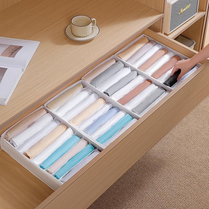 4 Packs T-shirt Drawer Organizers for Clothing,10 Grids Compartment Wardrobe Storage Box, Clothes Organizer for Folded Clothes, T-shirt, Legging, Silk Scarve-White