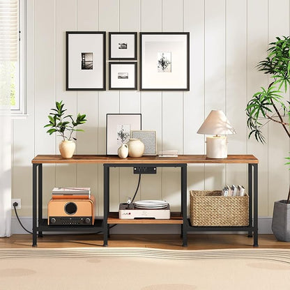 HOOBRO TV Stand with Charging Station to 55 Inches, LED Entertainment Center, Media TV Console Table with Open Storage Shelving for Living Room, Bedroom, Rustic Brown and Black BF122UDDS01
