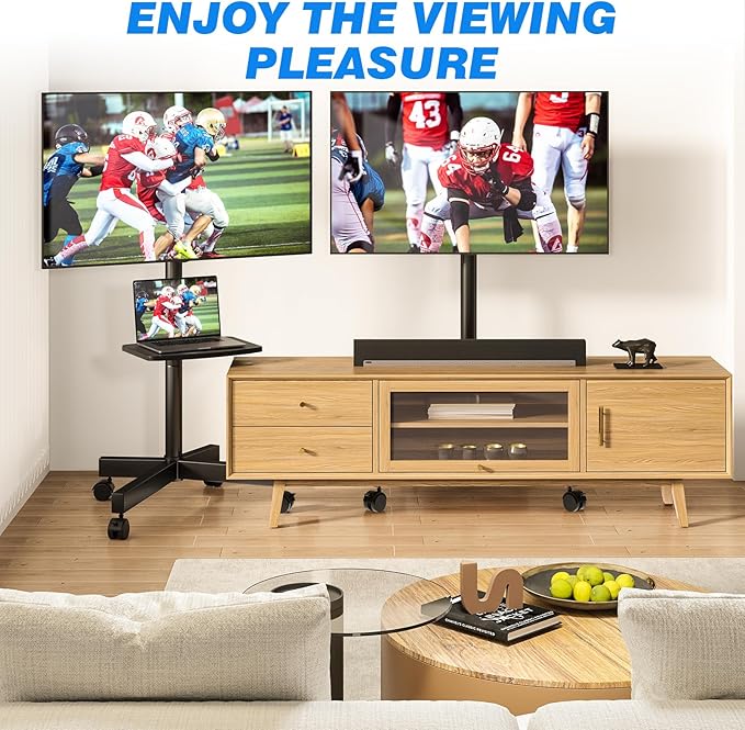 Rfiver Mobile TV Stand for 23-65 Inch LCD LED Flat/Curved Panel Screen TVs up to 88 lbs, Rolling TV Stand with Adjustable Shelf & Tilt, Portable Floor Stand on Wheels for Bedroom, Living Room, Office