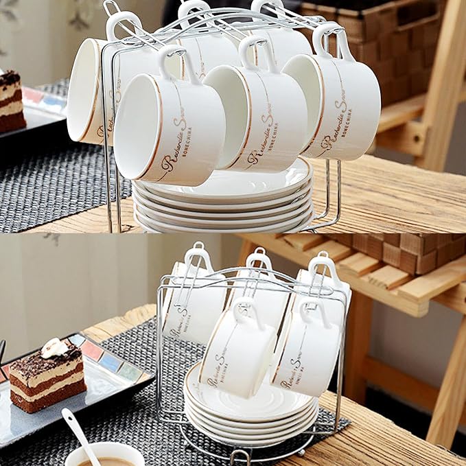 Tea Cups and Saucers Holder,Metal Tea Cups Coffee Cups Rack,Organizer for Coffee Cup Spoon and Saucers (Silver)