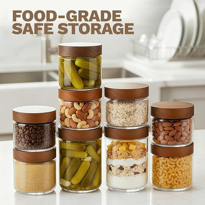 Bumobum 8 oz Glass Mason Jars with Lids, Small Glass Container with Acacia Wood Airtight Lid, Wide Mouth Canisters for Chia Pudding Loose Tea Coffee Salad Snacks Yogurt Spice, 12-Pack