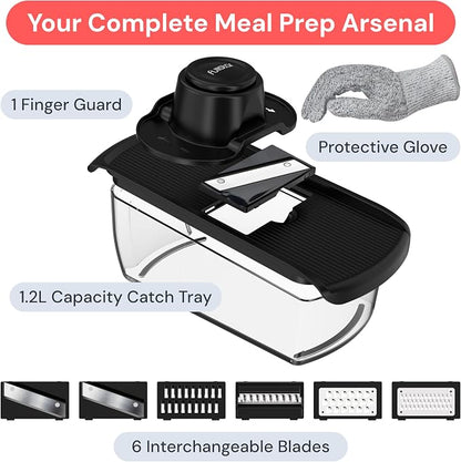 Fullstar Mandoline Slicer for Kitchen, Fruit Cutter, Cheese Grater, Cucumber Slicer, Veggie Spiralizer, Food Cutter & Kitchen Gadgets & Gifts with Safety Glove (6 in 1, Black)