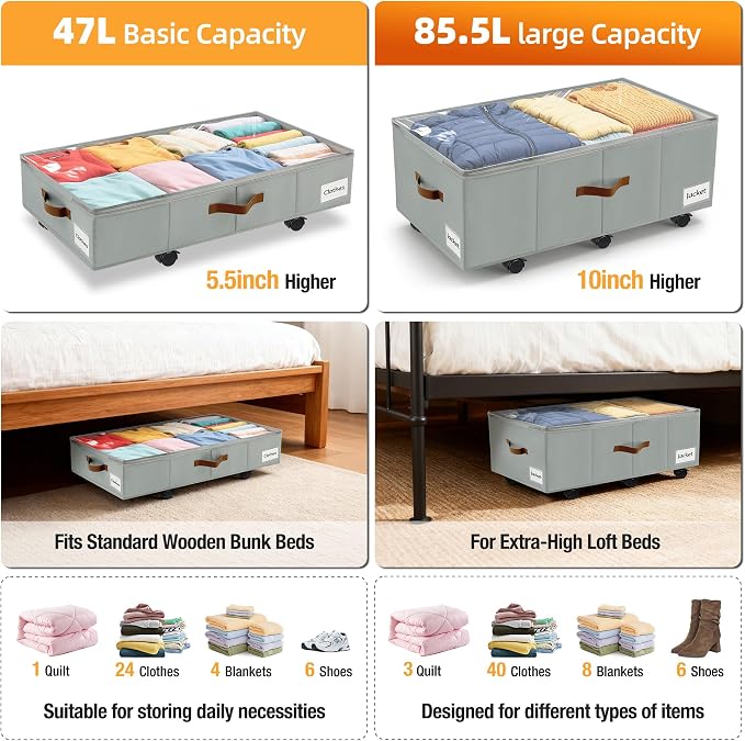 Under Bed Storage with Wheels,Underbed Storage with Sturdy Sidewalls/Bottom, Clear Cover, Label and PU Handle, Rolling Under Bed Drawers for Clothes, Shoes, 11 Inch Height,Grey, 2 Pack