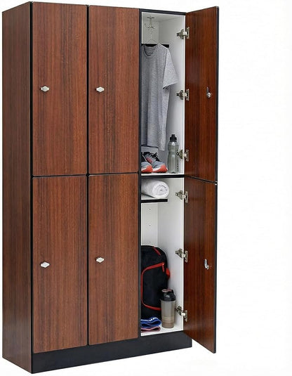 Alpine 6 Door Wooden Locker Cabinet - 72" Expandable Commercial Storage Lockers for Gym, Spa, Office & Golf Club - Includes Metal Base & Lock-Ready Handles, Triple Column 2 Tier - Walnut