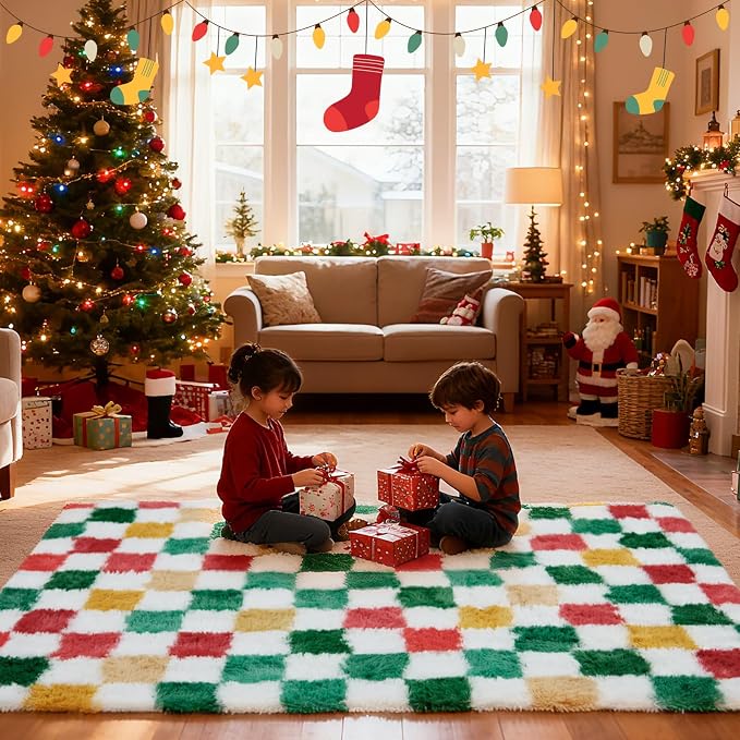 Christmas Area Rug 6x9 for Bedroom Living Room,Checkered Shag Rug Fuzzy Shaggy Bedside Carpet,Indoor Plush Floor Rugs for Holiday Home Decor