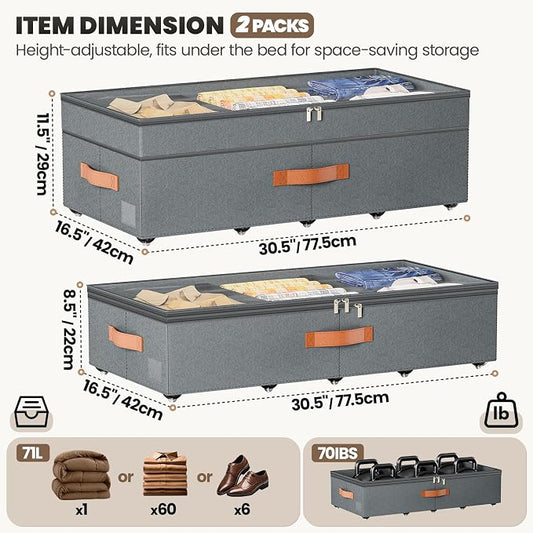 Dayacoco Under Bed Storage with Wheels, 2Pack 71L Under the Bed Storage Containers, Adjustable Underbed Drawer with Lids, Underbed storage Rolling Bin for Shoes, Clothes, Blankets, Grey