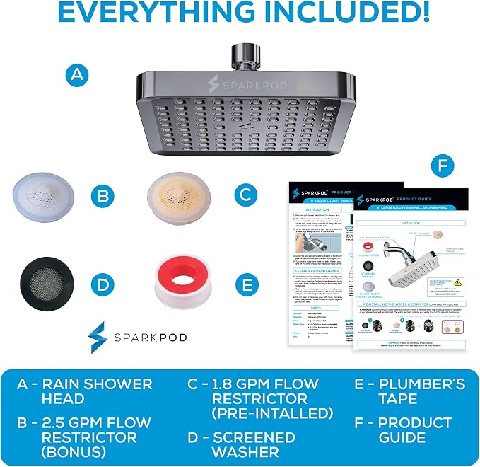 SparkPod Rain Shower Head, 6 Inch Square | High Pressure Shower Heads, 90 Nozzle (Touch-to-Clean), Adjustable Showerhead, No-tool Universal Connection