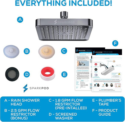 SparkPod Rain Shower Head, 6 Inch Square | High Pressure Shower Heads, 90 Nozzle (Touch-to-Clean), Adjustable Showerhead, No-tool Universal Connection